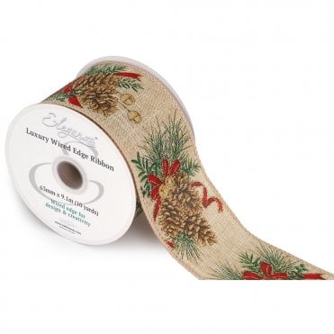 Wired Edge Pine cone Christmas Glitter 63mm x 9.1m Design No.419 Natural