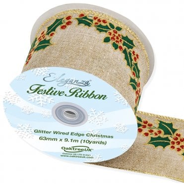 Wired Glitter Edge Holly 63mm x 9.1m Design No.378